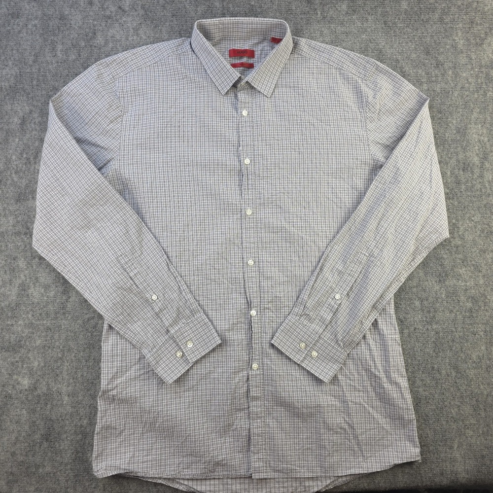 Hugo Boss Dress Shirt 16.5 34/35 Slim‎ Fit Gray Check Point Collar